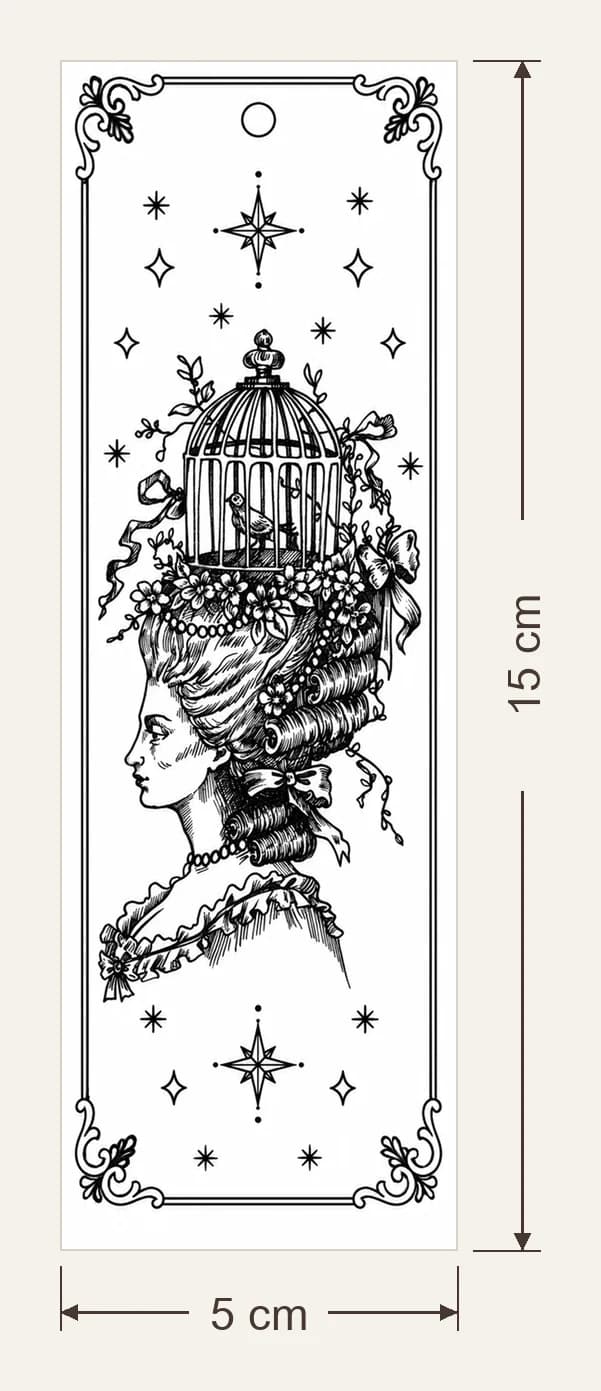 Marie-Antoinette, dimensions du support : 5 × 15 cm, flèches de largeur et de hauteur