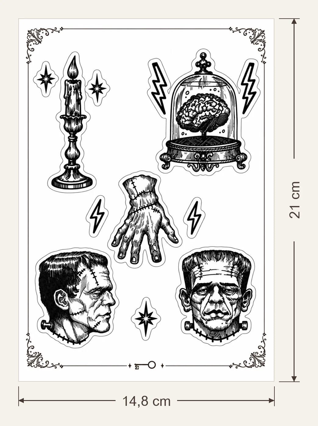 Frankenstein, dimensions du support : 14,8 × 21 cm, flèches de largeur et de hauteur