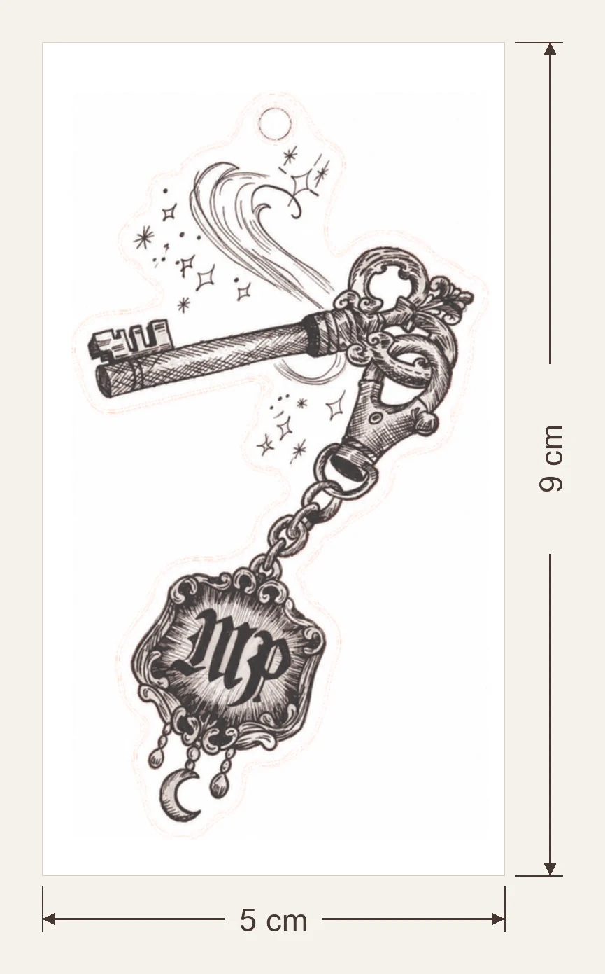 La clé du secret, gabarit de la pièce en bois, hors attache : 5 × 9 cm, flèches de largeur et de hauteur