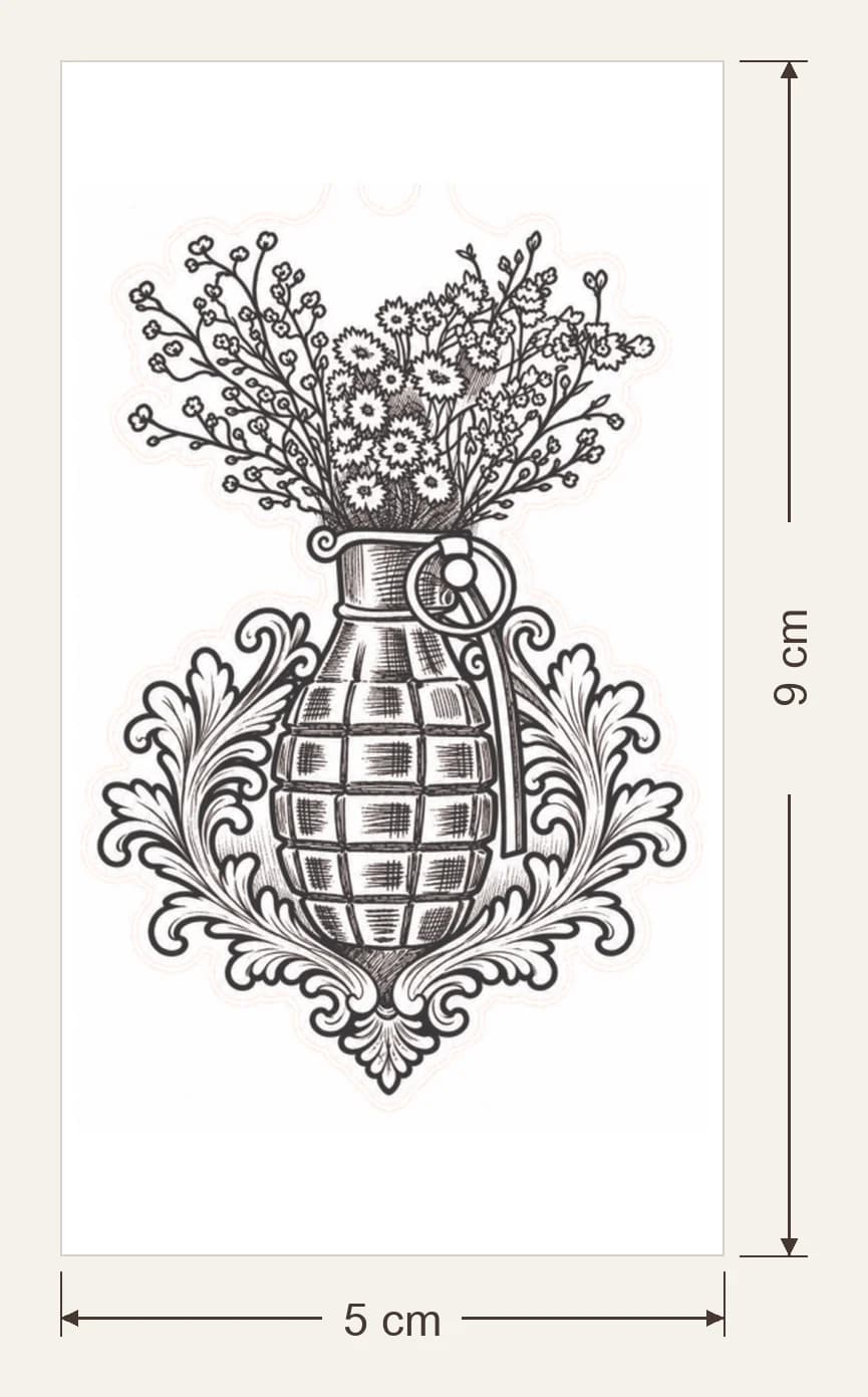 Grenade fleurie, gabarit de la pièce en bois, hors attache : 5 × 9 cm, flèches de largeur et de hauteur