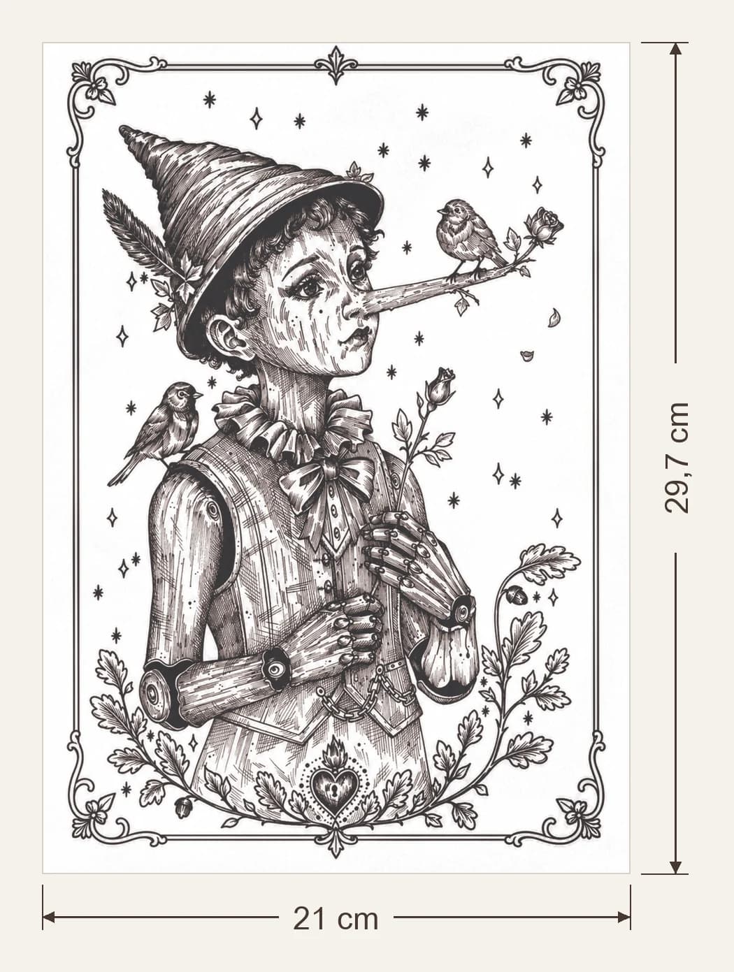 Pinocchio, dimensions du support : 21 × 29,7 cm, flèches de largeur et de hauteur