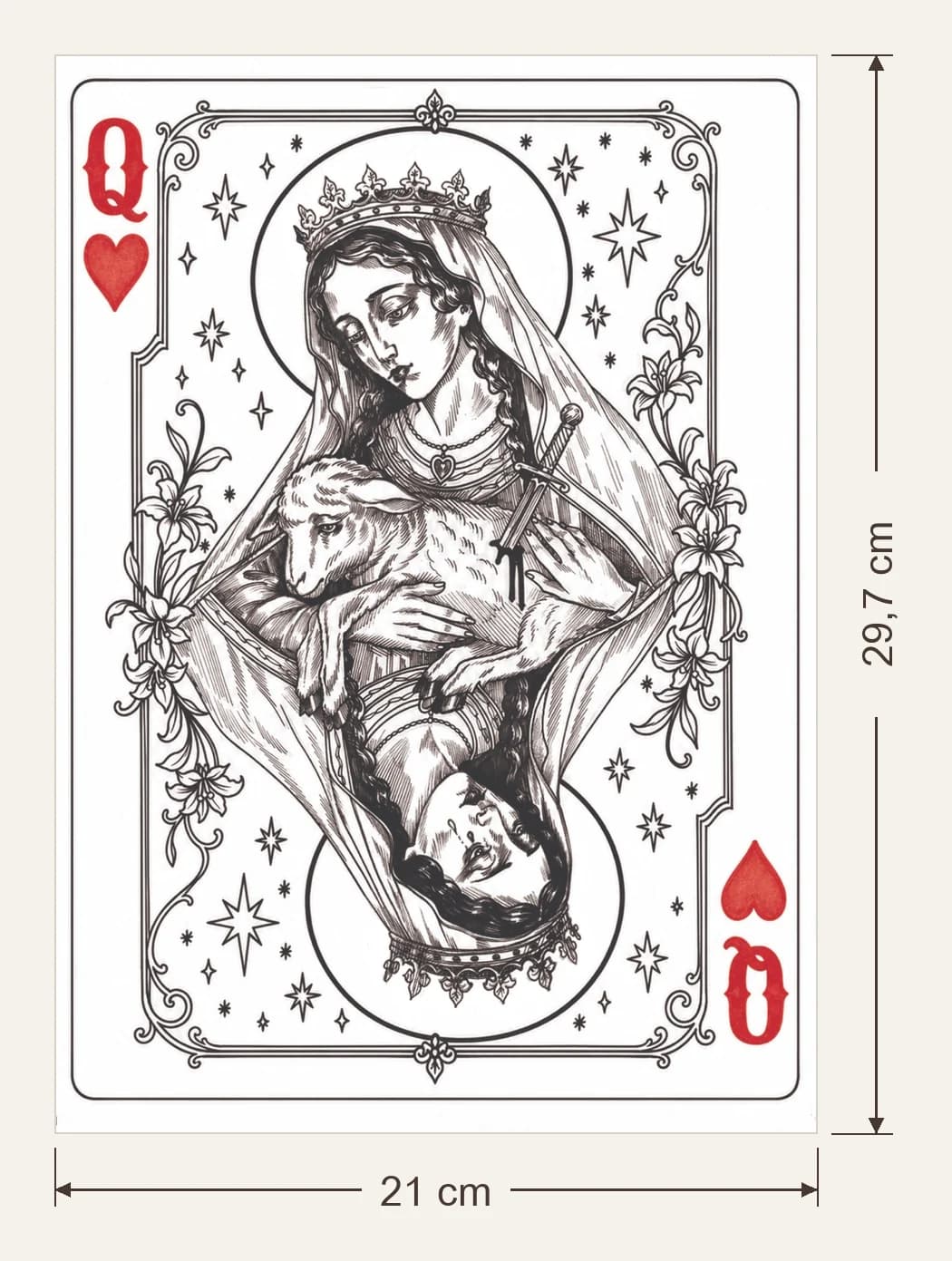 Reine de cœur, dimensions du support : 21 × 29,7 cm, flèches de largeur et de hauteur