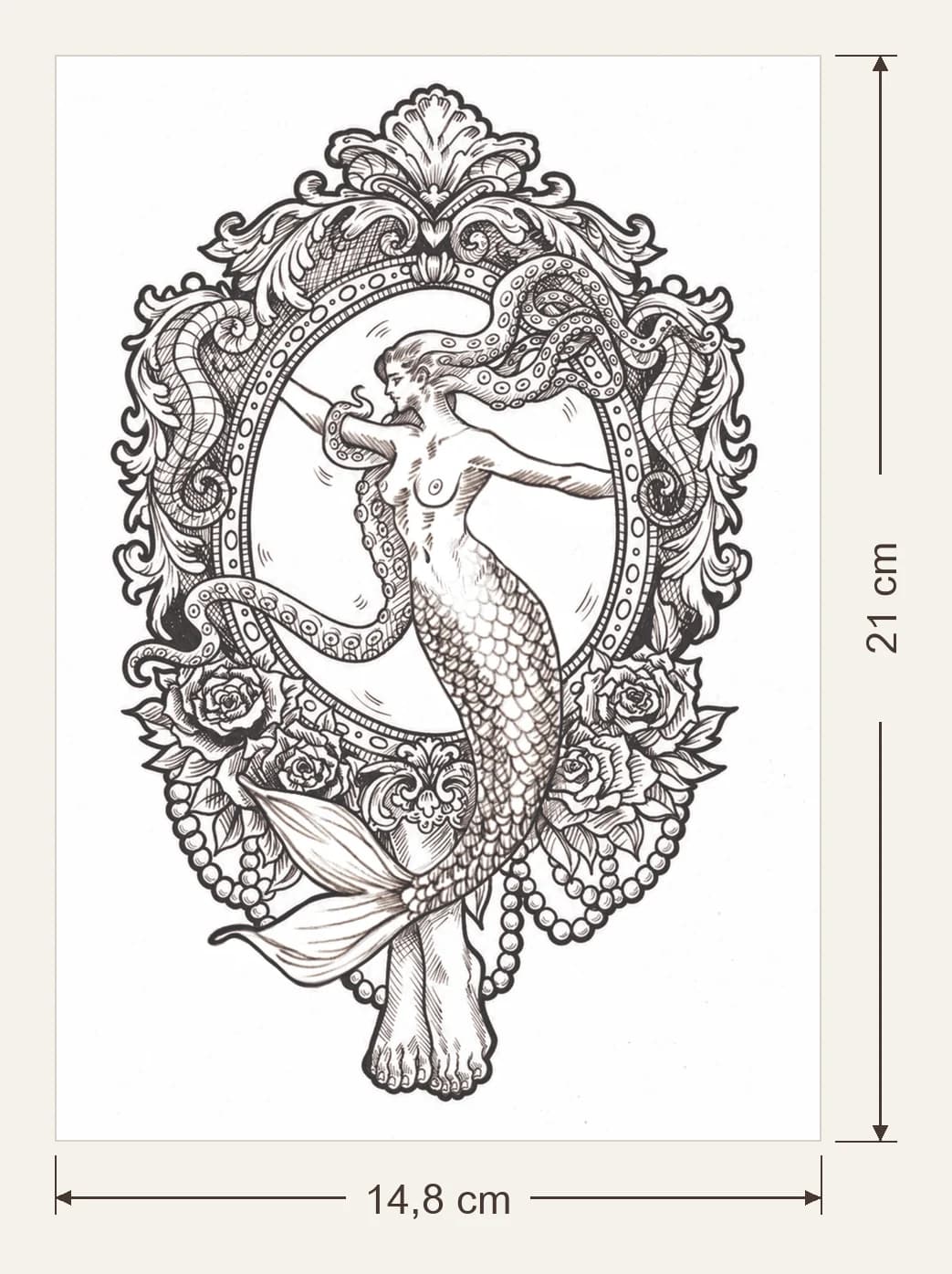 Sirène, dimensions du support : 14,8 × 21 cm, flèches de largeur et de hauteur