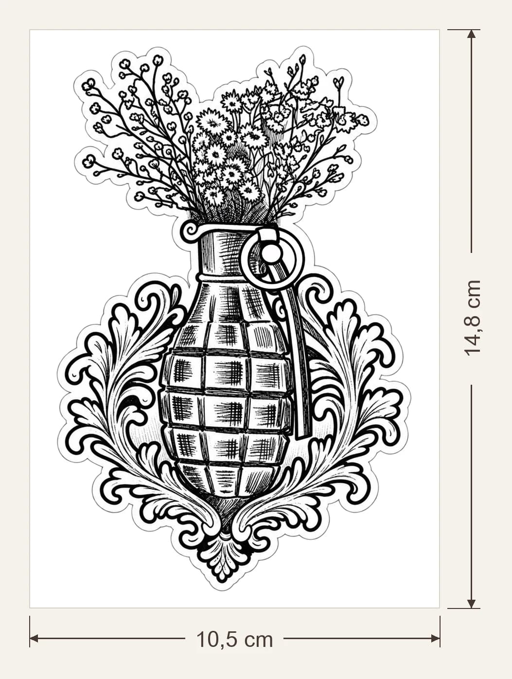 Grenade fleurie, dimensions du support : 10,5 × 14,8 cm, flèches de largeur et de hauteur