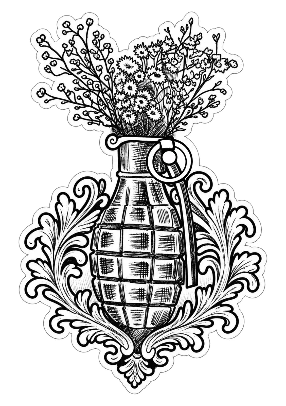 Grenade fleurie, vue du dessin numérisé
