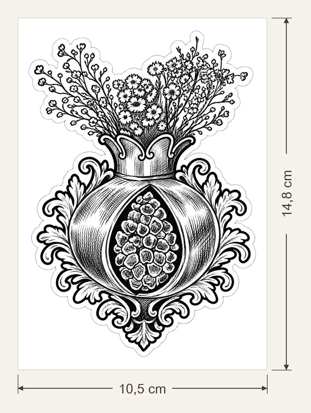 Grenade, fruit défendu, dimensions du support : 10,5 × 14,8 cm, flèches de largeur et de hauteur