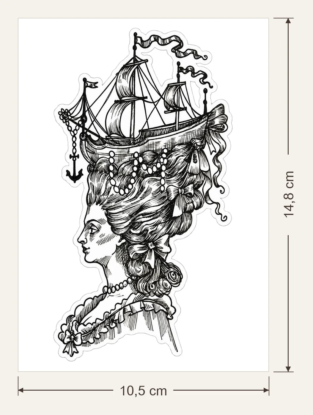 Marie-Antoinette au bateau, dimensions du support : 10,5 × 14,8 cm, flèches de largeur et de hauteur