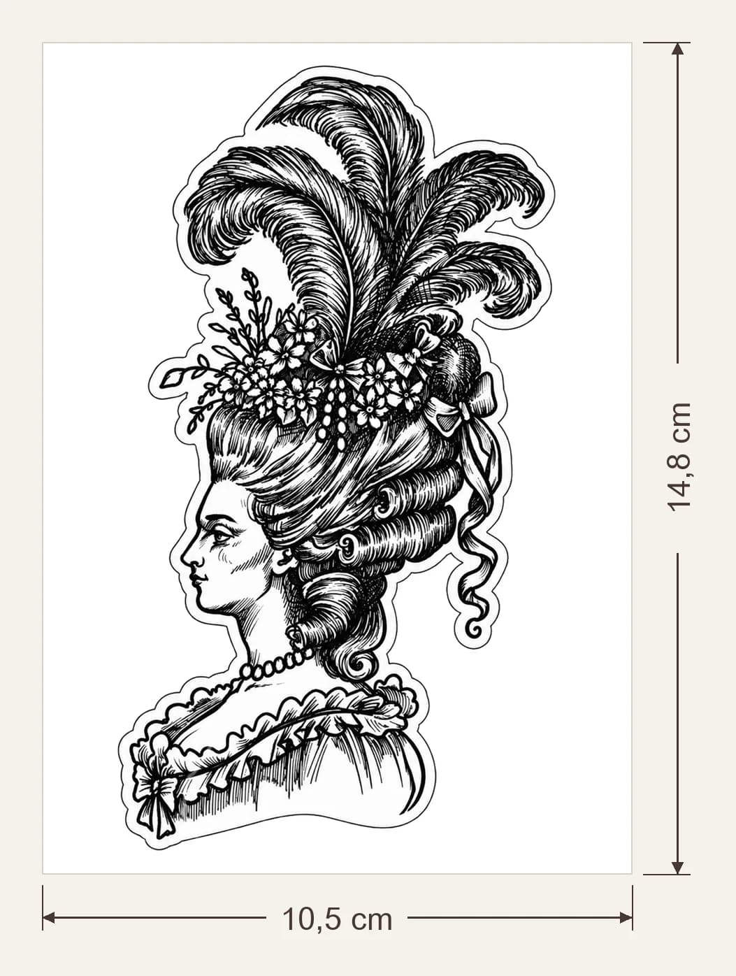 Marie-Antoinette aux plumes, dimensions du support : 10,5 × 14,8 cm, flèches de largeur et de hauteur